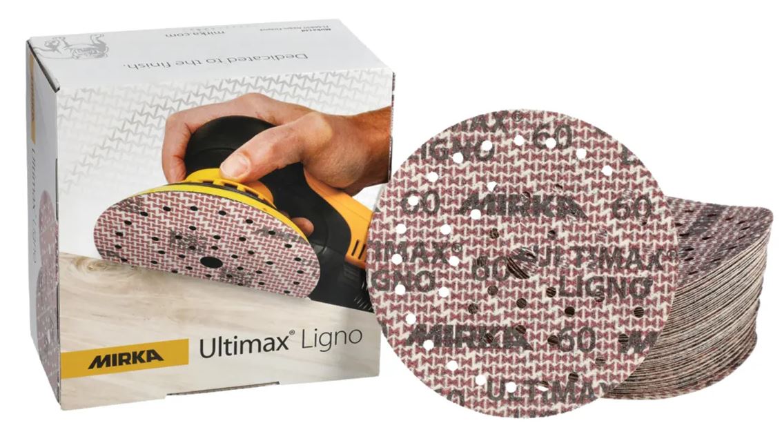 Abbildung Mirka Ultimax Ligno 150mm Multifit Verpackung und Scheiben als Stapel.