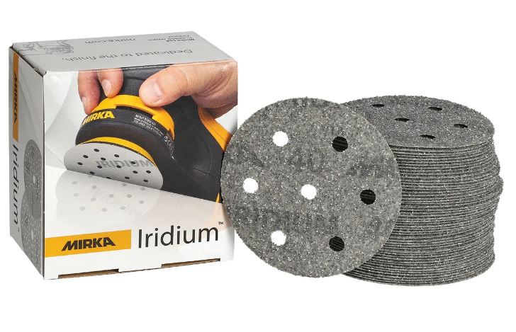 Abbildung Mirka Iridium 90mm 7L Verpackung und Scheiben als Stapel.