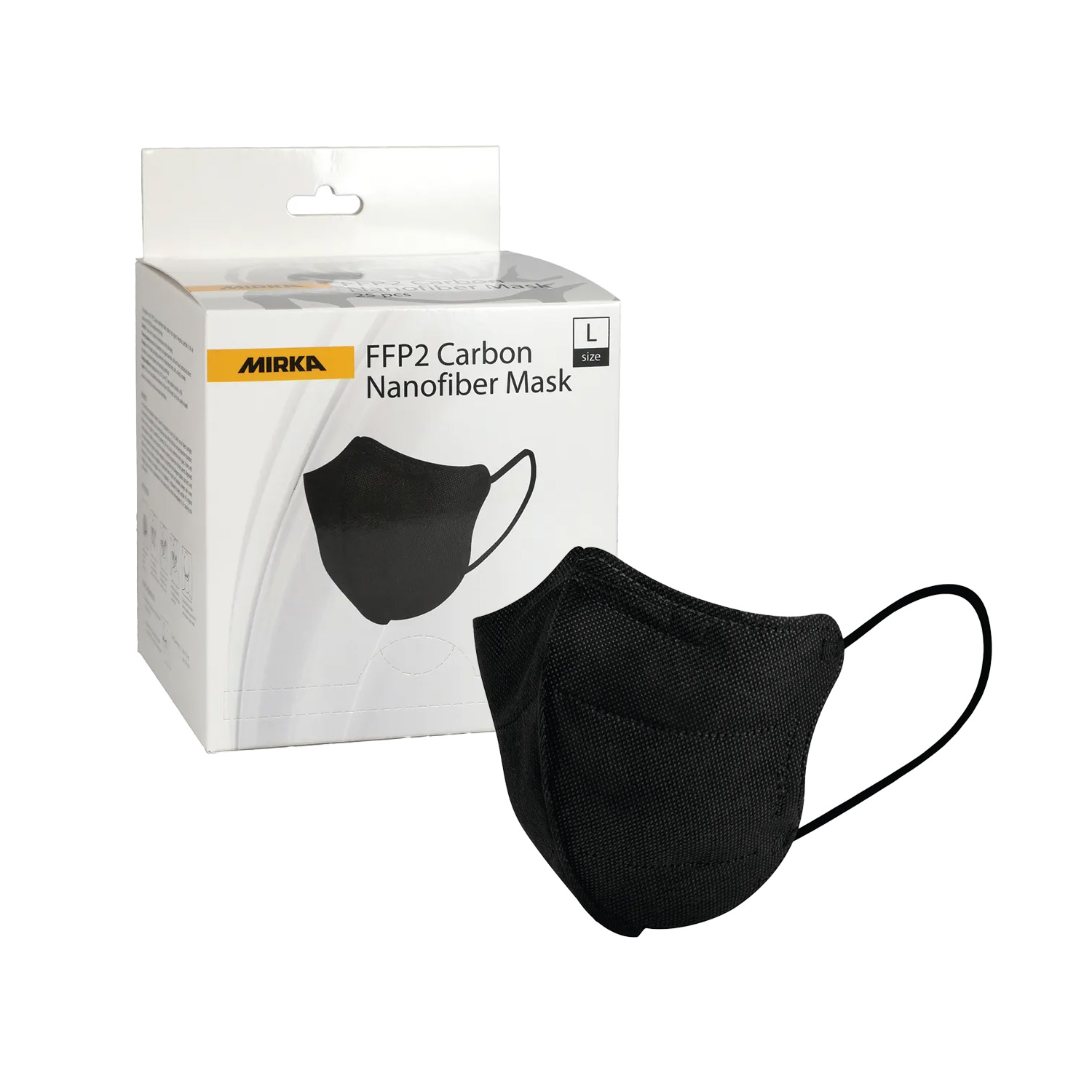 Abbildung Mirka FFP2 Carbon Nanofiber Maske mit Verpackung.