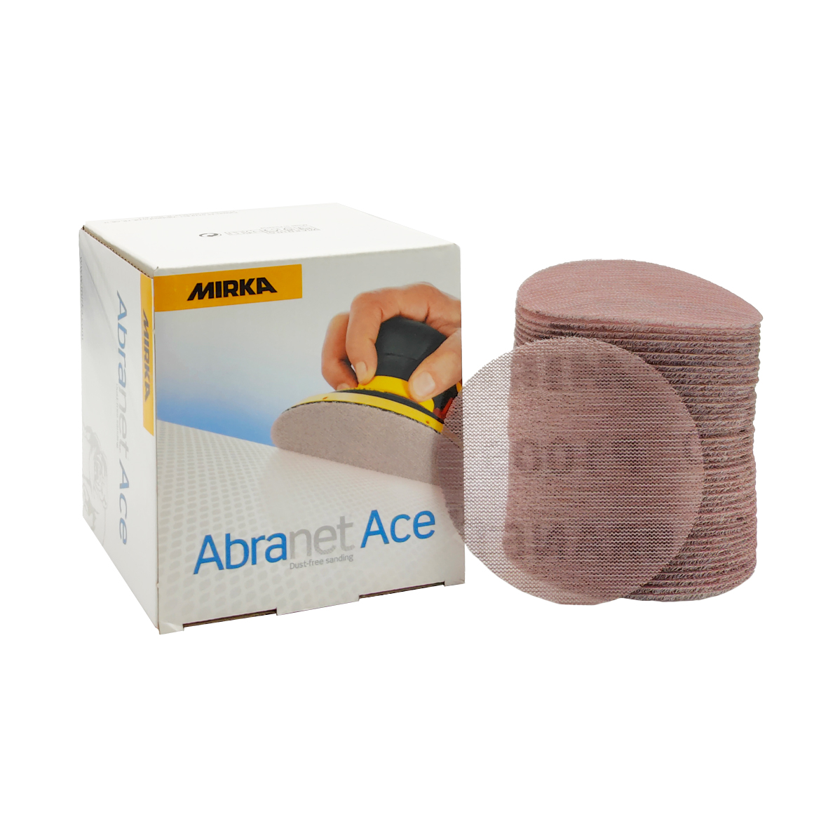 Abbildung Mirka Abranet ACE 77mm Verpackung und Scheiben als Stapel.